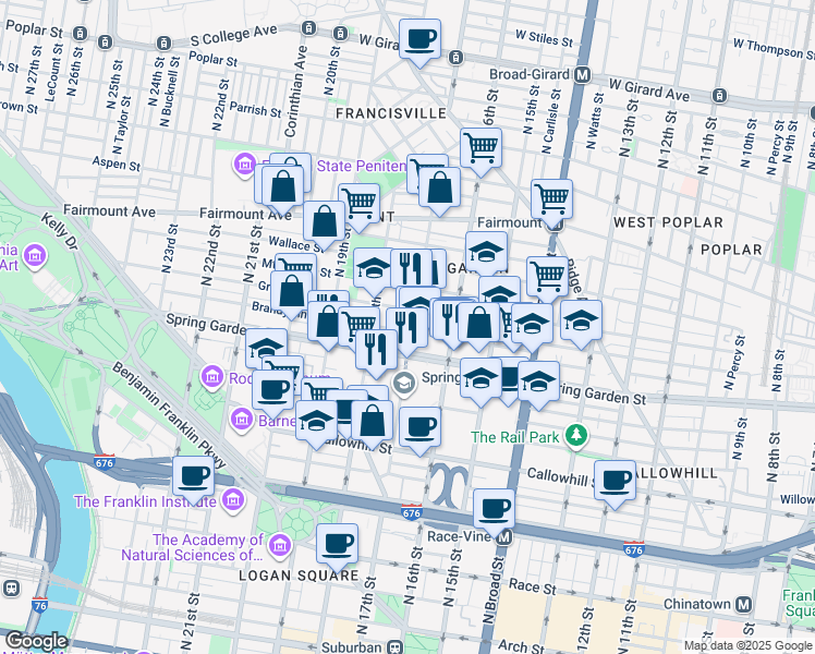 map of restaurants, bars, coffee shops, grocery stores, and more near 1713 Brandywine Street in Philadelphia