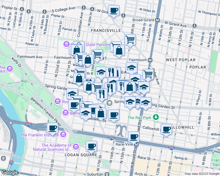 map of restaurants, bars, coffee shops, grocery stores, and more near 1705 Green Street in Philadelphia