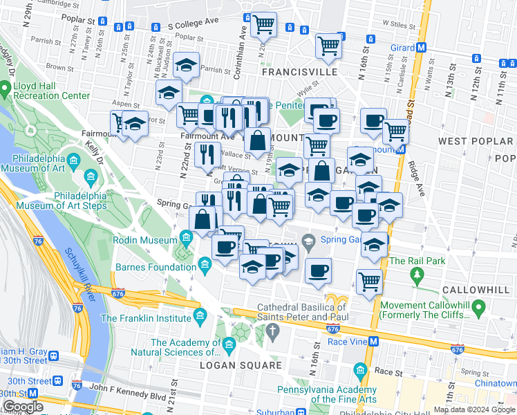 map of restaurants, bars, coffee shops, grocery stores, and more near in Philadelphia