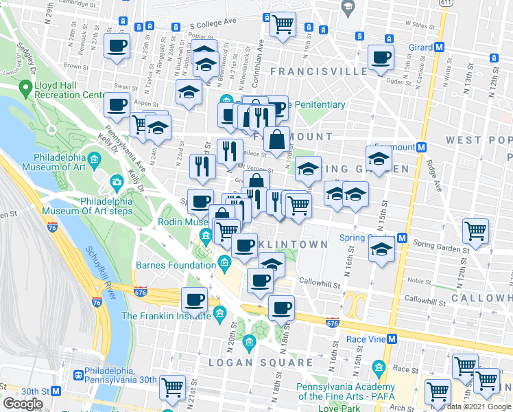 map of restaurants, bars, coffee shops, grocery stores, and more near in Philadelphia