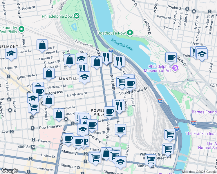 map of restaurants, bars, coffee shops, grocery stores, and more near 612-14 North 33rd Street in Philadelphia