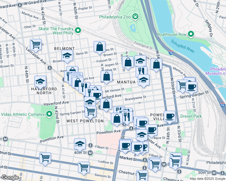 map of restaurants, bars, coffee shops, grocery stores, and more near 3824 Mount Vernon Street in Philadelphia