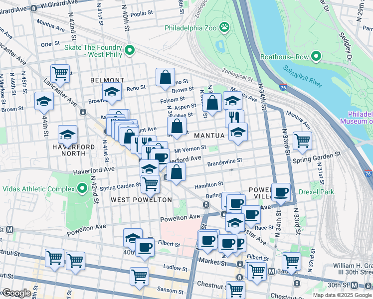 map of restaurants, bars, coffee shops, grocery stores, and more near 641 North 39th Street in Philadelphia