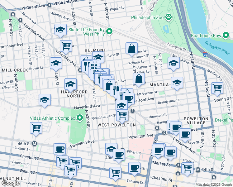map of restaurants, bars, coffee shops, grocery stores, and more near 639 North 40th Street in Philadelphia