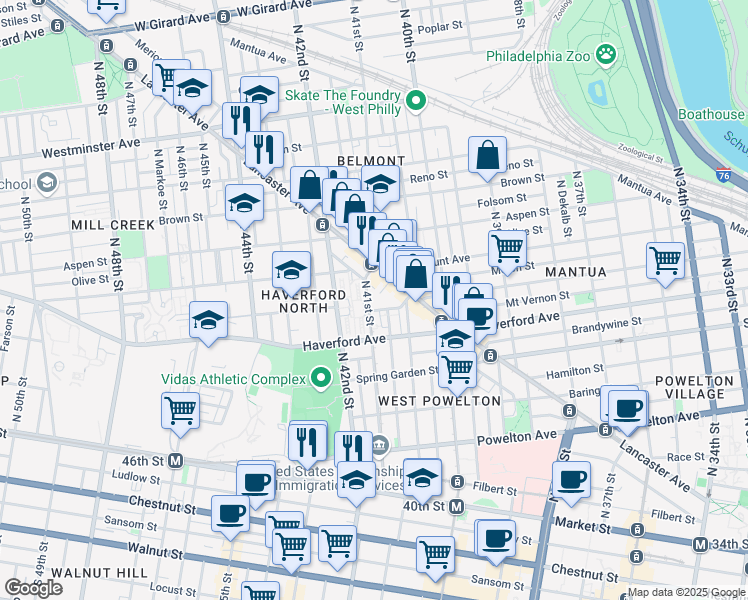 map of restaurants, bars, coffee shops, grocery stores, and more near 4085 Warren Street in Philadelphia