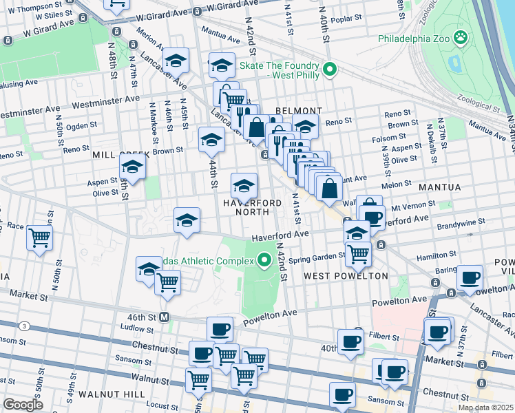 map of restaurants, bars, coffee shops, grocery stores, and more near 4232 Fairmount Avenue in Philadelphia