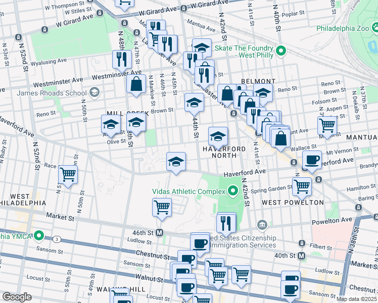 map of restaurants, bars, coffee shops, grocery stores, and more near 728 North Lex Street in Philadelphia