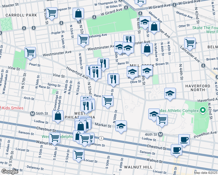 map of restaurants, bars, coffee shops, grocery stores, and more near 5052 Aspen Street in Philadelphia
