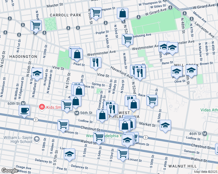 map of restaurants, bars, coffee shops, grocery stores, and more near 224 North 54th Street in Philadelphia