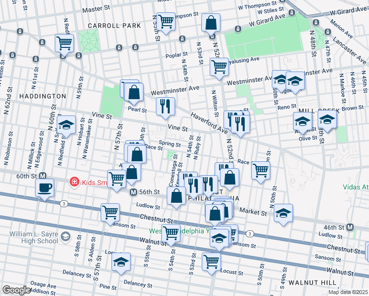 map of restaurants, bars, coffee shops, grocery stores, and more near 224 North 54th Street in Philadelphia