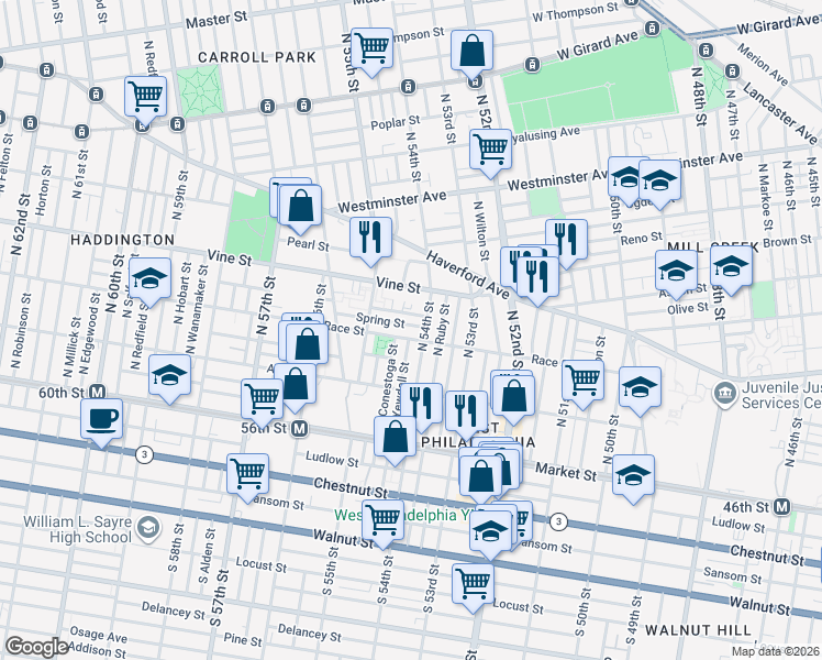 map of restaurants, bars, coffee shops, grocery stores, and more near 224 North 54th Street in Philadelphia