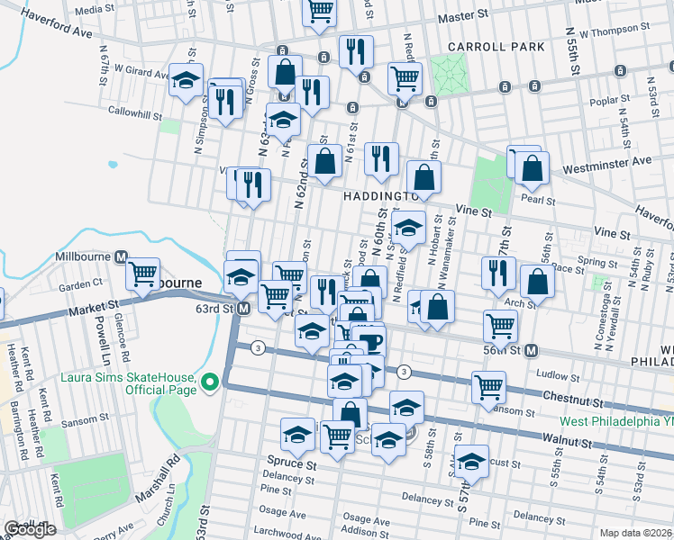 map of restaurants, bars, coffee shops, grocery stores, and more near 134 North Millick Street in Philadelphia