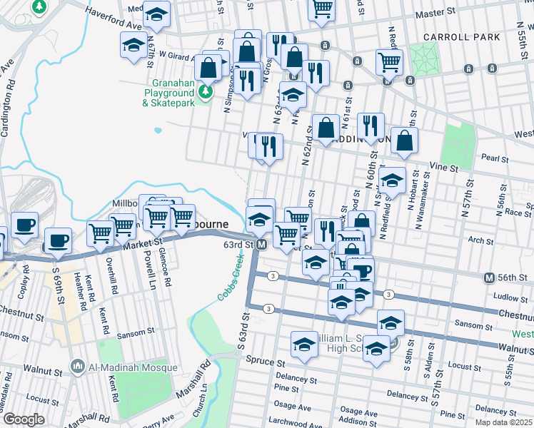map of restaurants, bars, coffee shops, grocery stores, and more near 107 North 63rd Street in Philadelphia