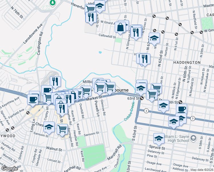 map of restaurants, bars, coffee shops, grocery stores, and more near in Millbourne