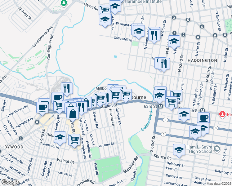 map of restaurants, bars, coffee shops, grocery stores, and more near in Millbourne