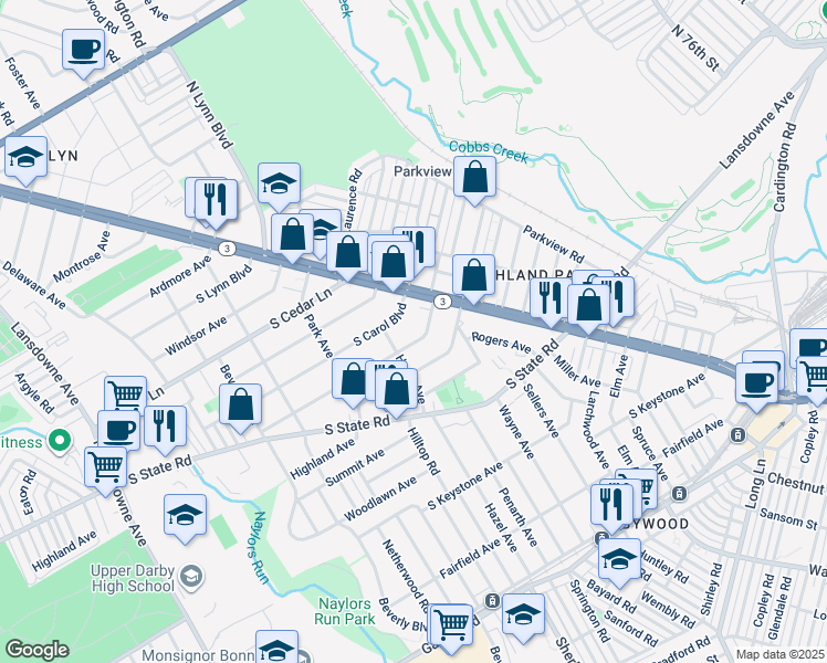map of restaurants, bars, coffee shops, grocery stores, and more near 8 South Fairview Avenue in Delaware County