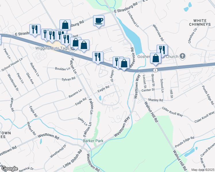 map of restaurants, bars, coffee shops, grocery stores, and more near 2618 Eagle Road in West Chester