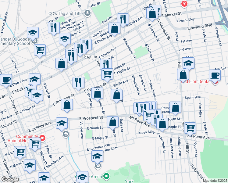 map of restaurants, bars, coffee shops, grocery stores, and more near 319 Norway Street in York