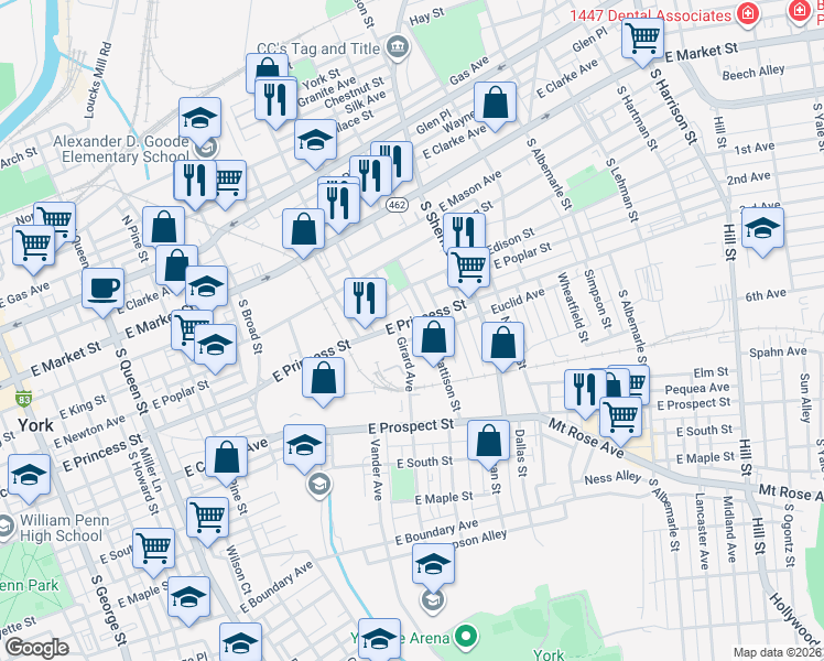 map of restaurants, bars, coffee shops, grocery stores, and more near 651 East Princess Street in York