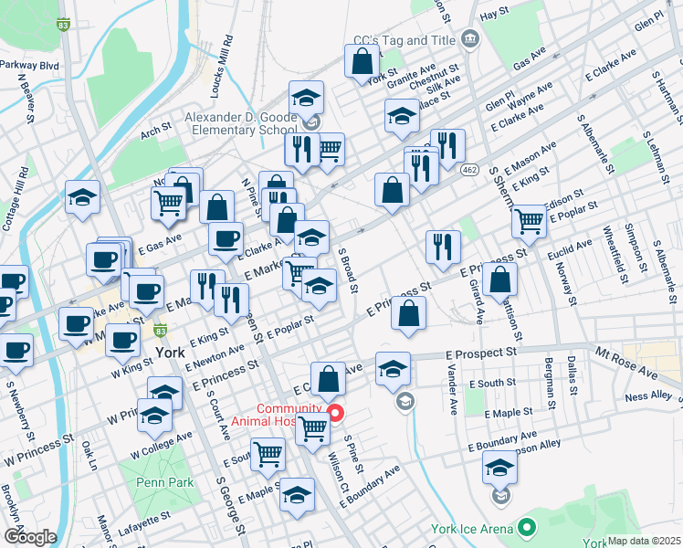 map of restaurants, bars, coffee shops, grocery stores, and more near 21 Columbia Avenue in York
