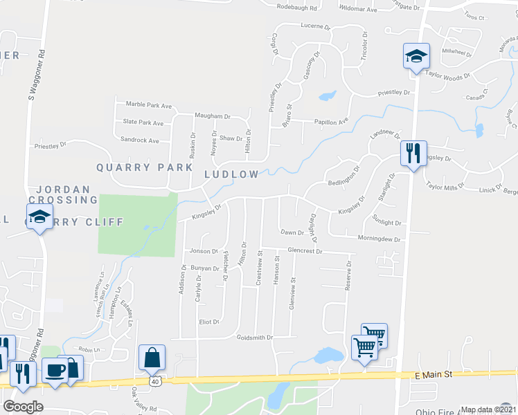 map of restaurants, bars, coffee shops, grocery stores, and more near 8198 Kingsley Drive in Reynoldsburg