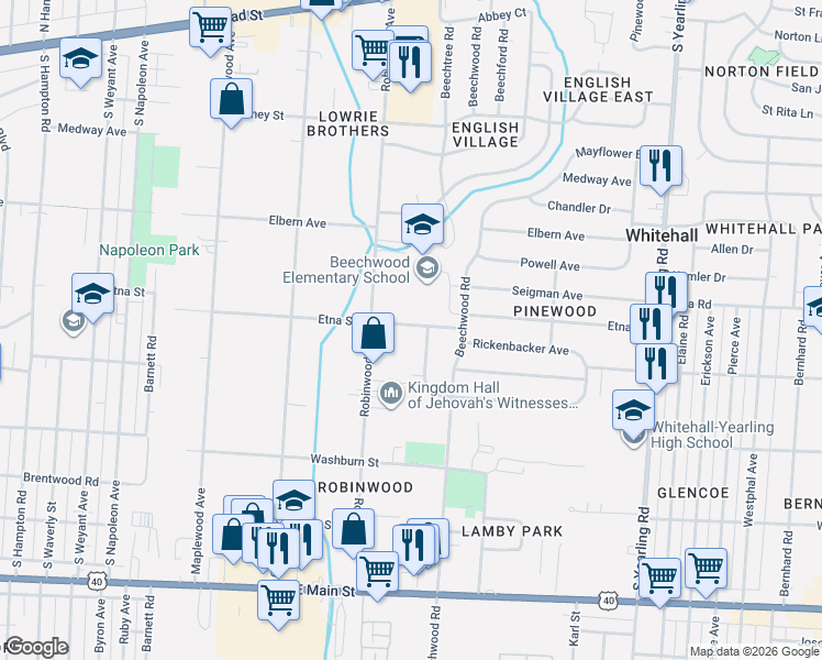 map of restaurants, bars, coffee shops, grocery stores, and more near 3969 Etna Street in Whitehall