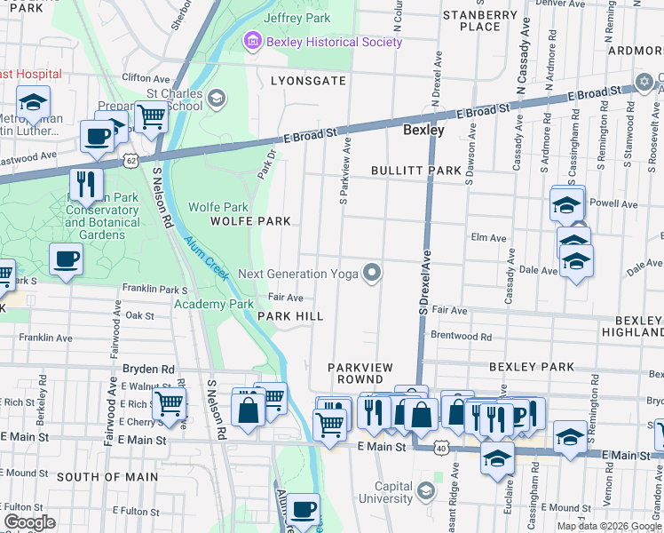 map of restaurants, bars, coffee shops, grocery stores, and more near 195 South Parkview Avenue in Columbus