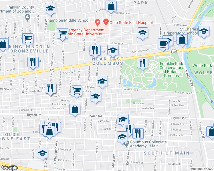 map of restaurants, bars, coffee shops, grocery stores, and more near 1441 Madison Avenue in Columbus