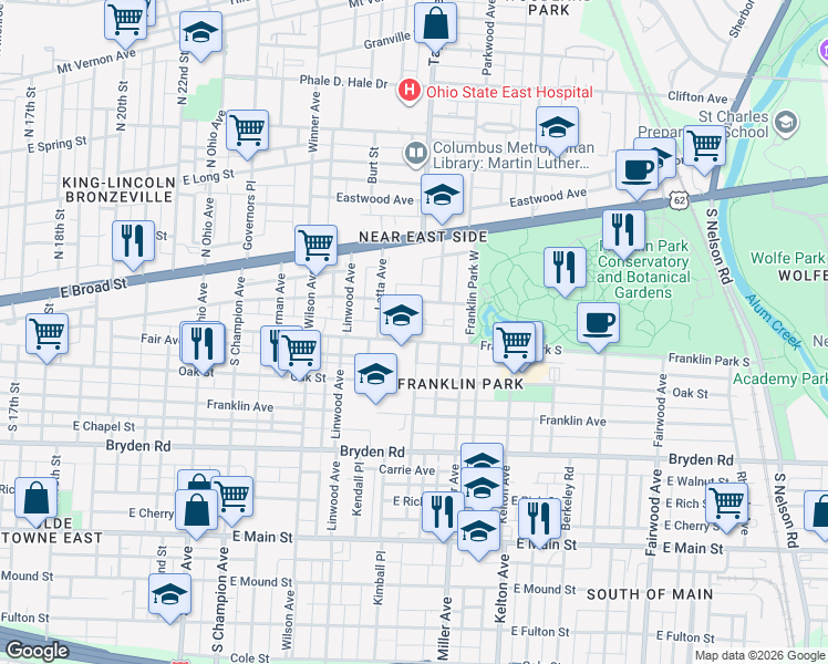map of restaurants, bars, coffee shops, grocery stores, and more near 1441 Madison Avenue in Columbus