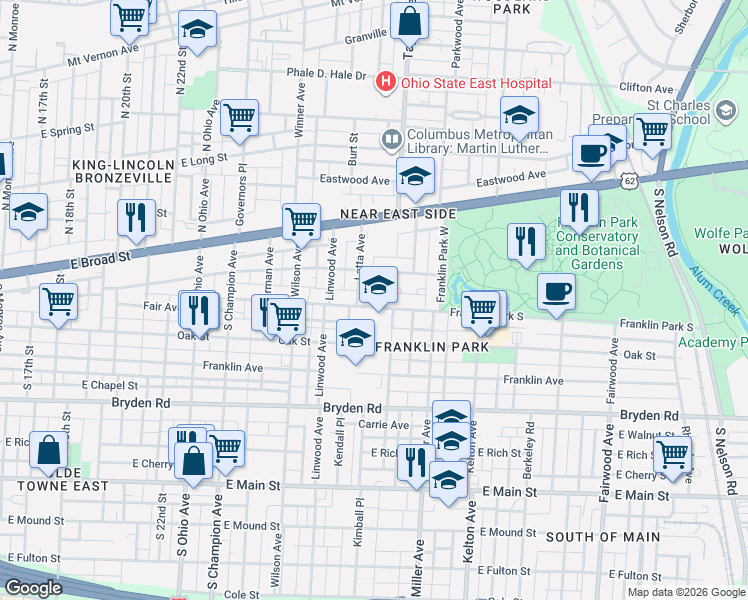 map of restaurants, bars, coffee shops, grocery stores, and more near 94 Latta Avenue in Columbus