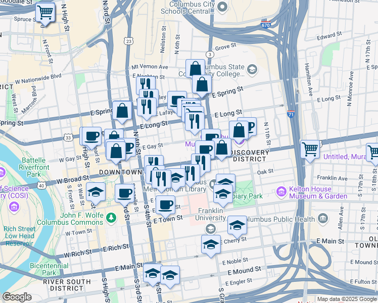 map of restaurants, bars, coffee shops, grocery stores, and more near 300 East Broad Street in Columbus