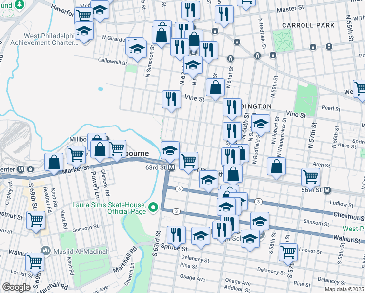map of restaurants, bars, coffee shops, grocery stores, and more near 59 North Felton Street in Philadelphia