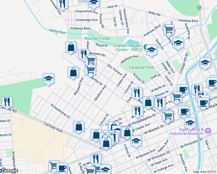 map of restaurants, bars, coffee shops, grocery stores, and more near 437 North Hartley Street in York