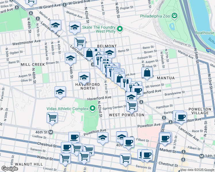 map of restaurants, bars, coffee shops, grocery stores, and more near 4085 Warren Street in Philadelphia