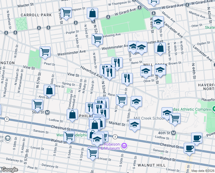 map of restaurants, bars, coffee shops, grocery stores, and more near 232 North Creighton Street in Philadelphia