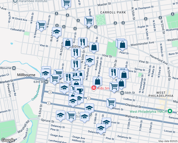 map of restaurants, bars, coffee shops, grocery stores, and more near 123 North Redfield Street in Philadelphia