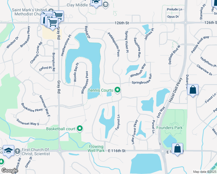 map of restaurants, bars, coffee shops, grocery stores, and more near 12073 Bayhill Drive in Carmel