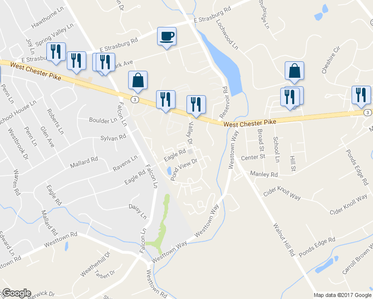 map of restaurants, bars, coffee shops, grocery stores, and more near 2906 Eagle Road in West Chester