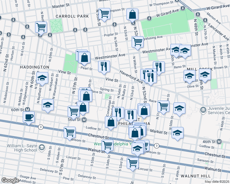 map of restaurants, bars, coffee shops, grocery stores, and more near 224 North 54th Street in Philadelphia