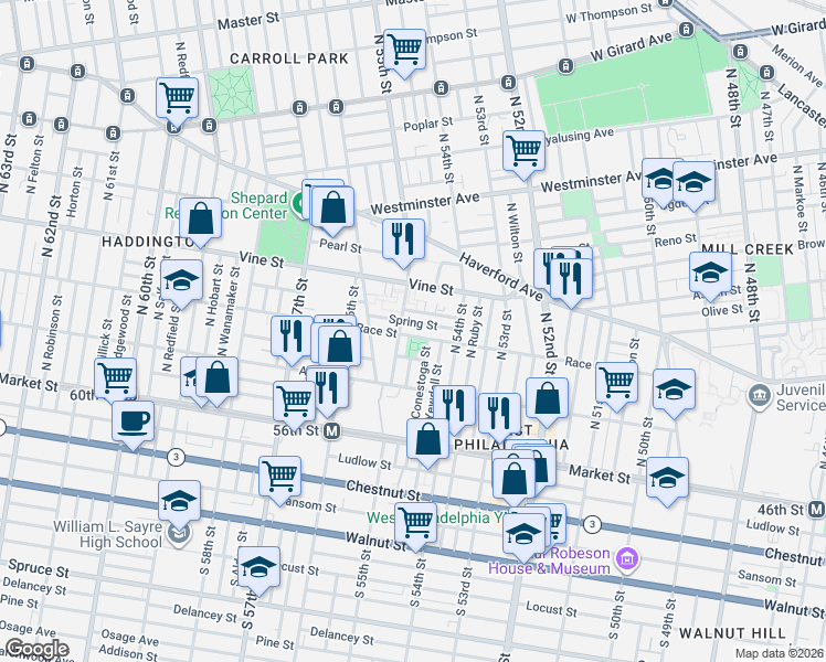 map of restaurants, bars, coffee shops, grocery stores, and more near 5458 Summer Street in Philadelphia