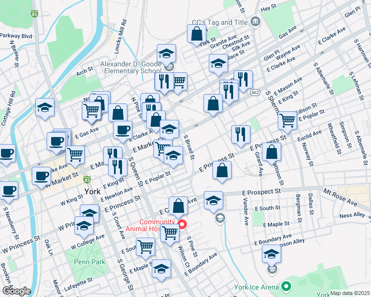 map of restaurants, bars, coffee shops, grocery stores, and more near 21 Columbia Avenue in York