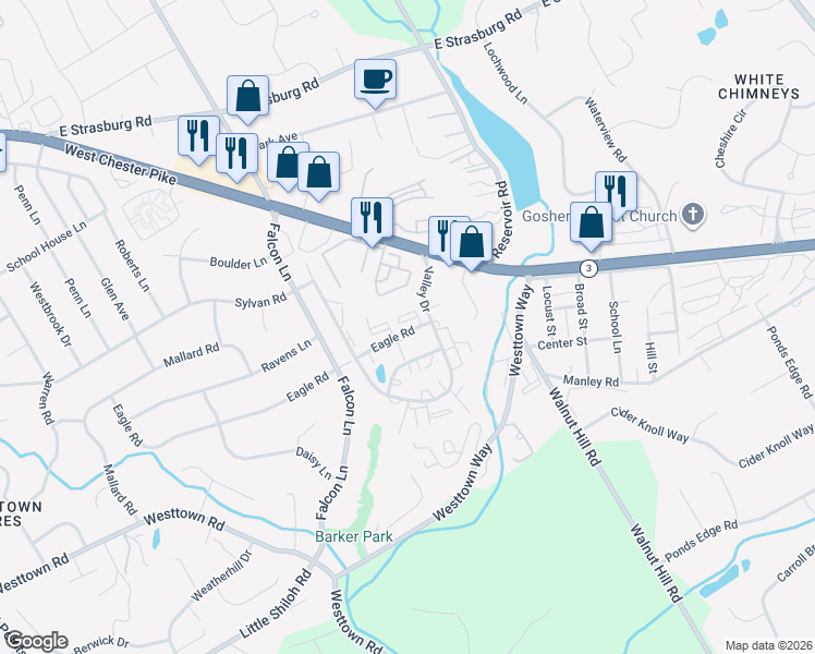 map of restaurants, bars, coffee shops, grocery stores, and more near 2705 Eagle Road in West Chester