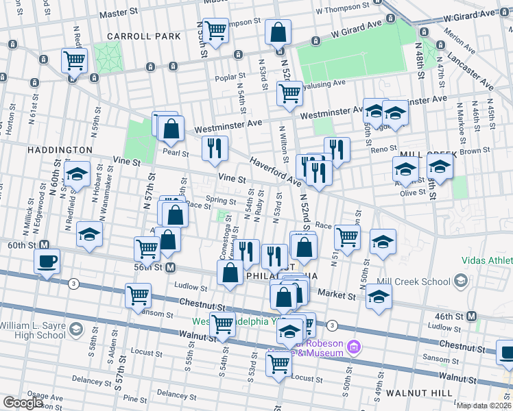 map of restaurants, bars, coffee shops, grocery stores, and more near 224 North 54th Street in Philadelphia