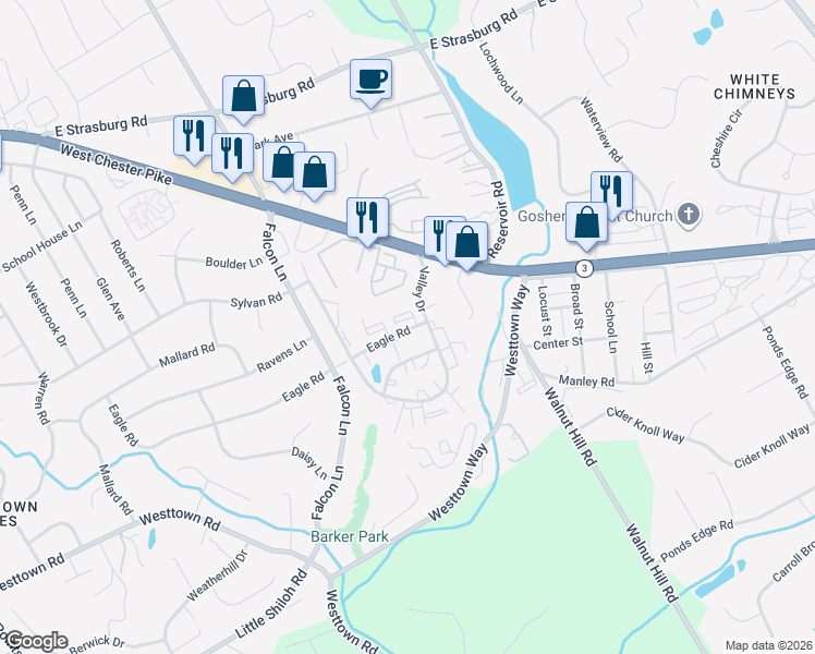 map of restaurants, bars, coffee shops, grocery stores, and more near 2618 Eagle Road in West Chester