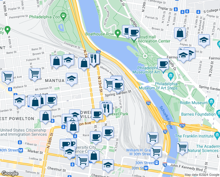 map of restaurants, bars, coffee shops, grocery stores, and more near 522 North 32nd Street in Philadelphia