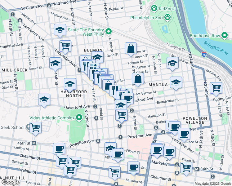 map of restaurants, bars, coffee shops, grocery stores, and more near 639 North 40th Street in Philadelphia
