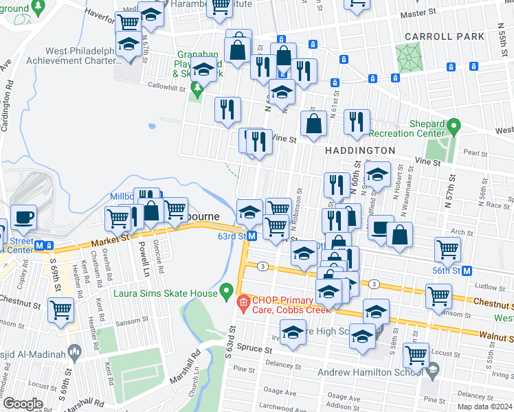map of restaurants, bars, coffee shops, grocery stores, and more near 57 North 63rd Street in Philadelphia