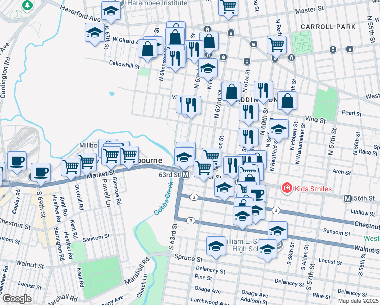 map of restaurants, bars, coffee shops, grocery stores, and more near 57 North 63rd Street in Philadelphia