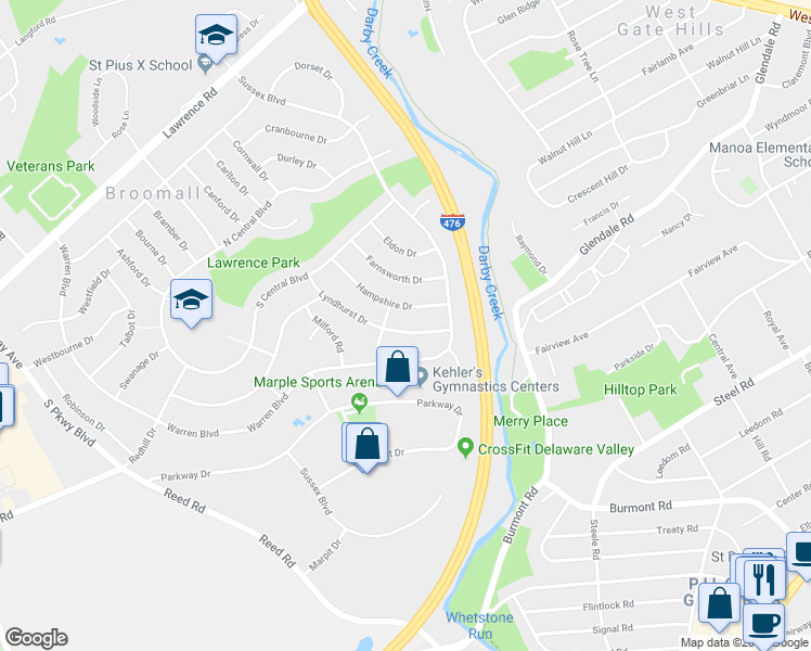 map of restaurants, bars, coffee shops, grocery stores, and more near 435 Lyndhurst Drive in Broomall