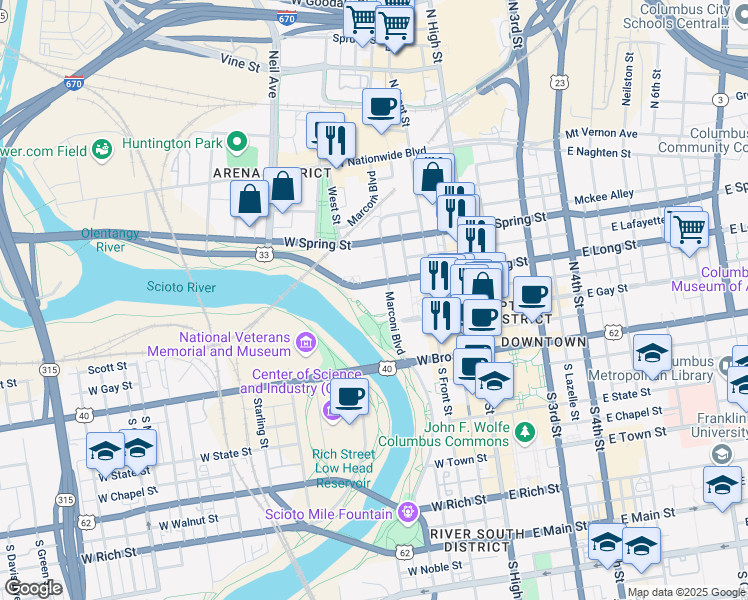 map of restaurants, bars, coffee shops, grocery stores, and more near 85 Marconi Boulevard in Columbus